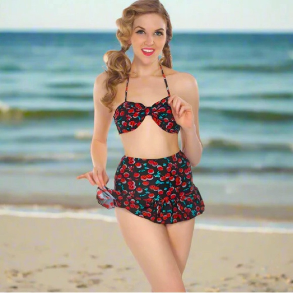 Beach Bash Women’s bikini Marlena retro cherry print red & black Small NEW